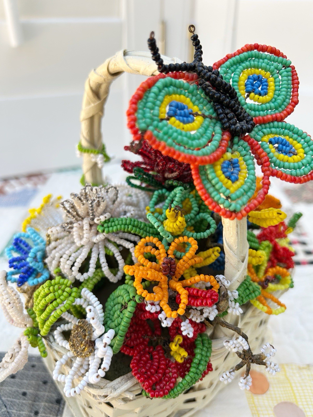 Vintage French Glass Beaded Wire Flower Bouquet Basket Colorful Arrangement