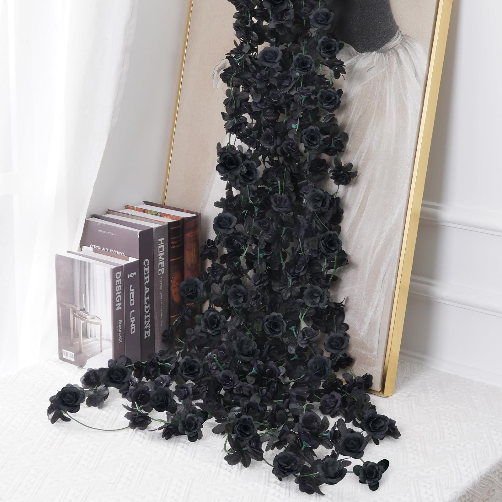 BLEUM CADE 2Pcs 16.4Ft Flower Garland Artificial Rose Vines for 2 Pcs, Black