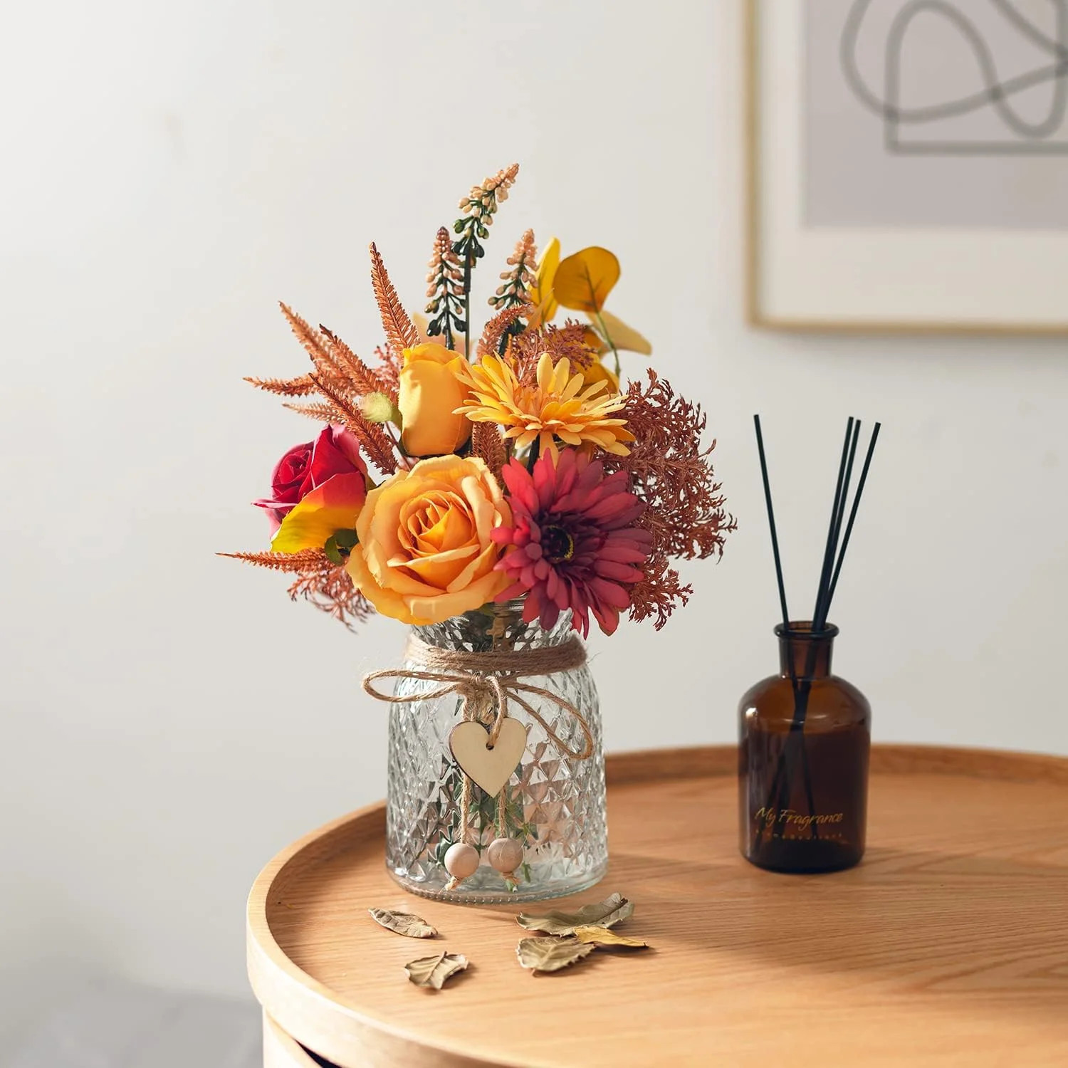 Artificial Flowers with Vase, Faux Silk Flowers Arrangement in Vase, Rustic Home
