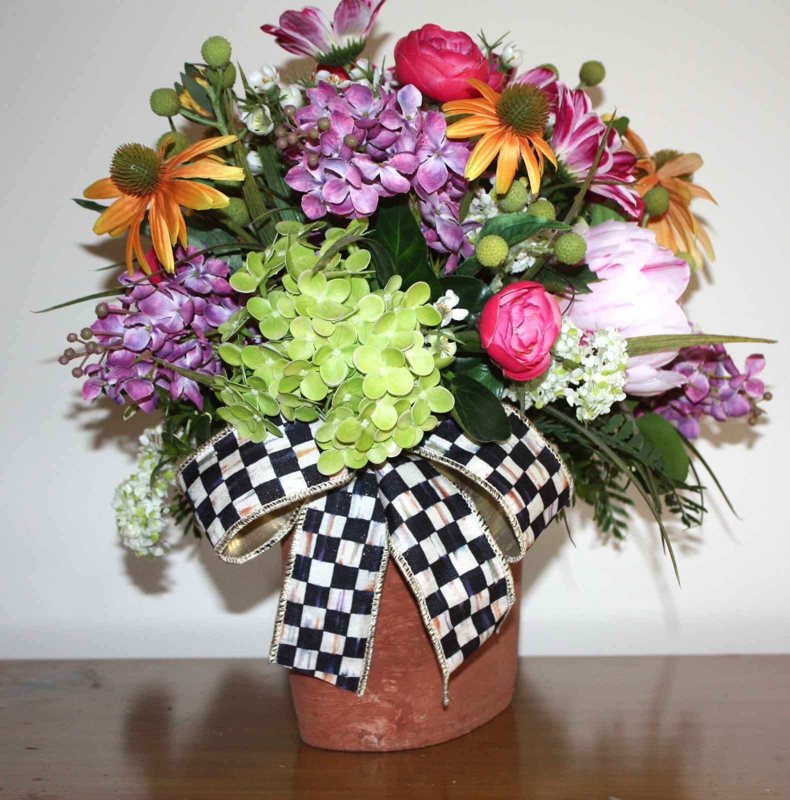 Beautiful Floral Arrangement In Terracotta Planter With Mackenzie Childs Bow!
