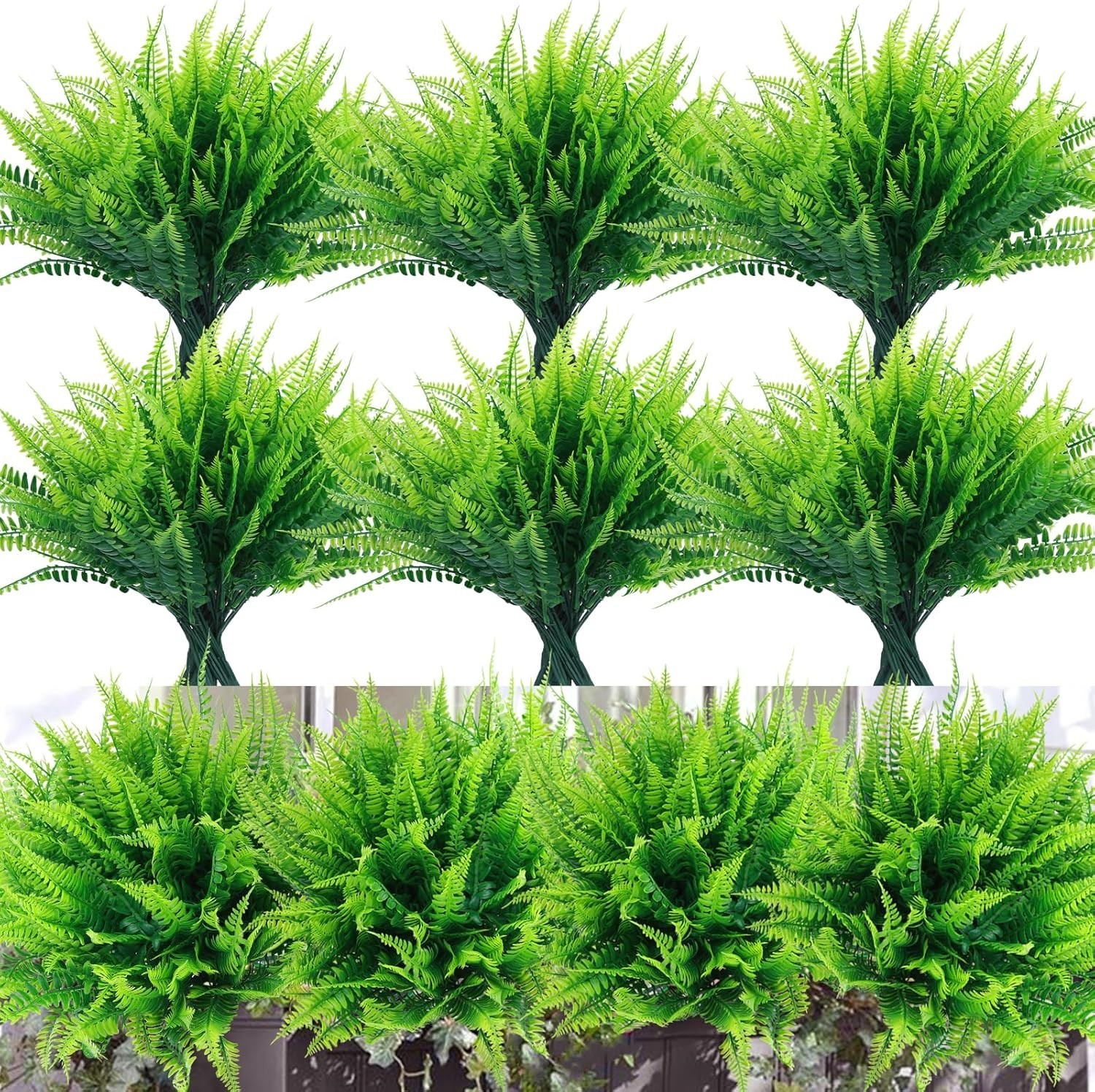 10-Pack UV Resistant Faux Boston Fern Plants for Indoor & Outdoor Elegance