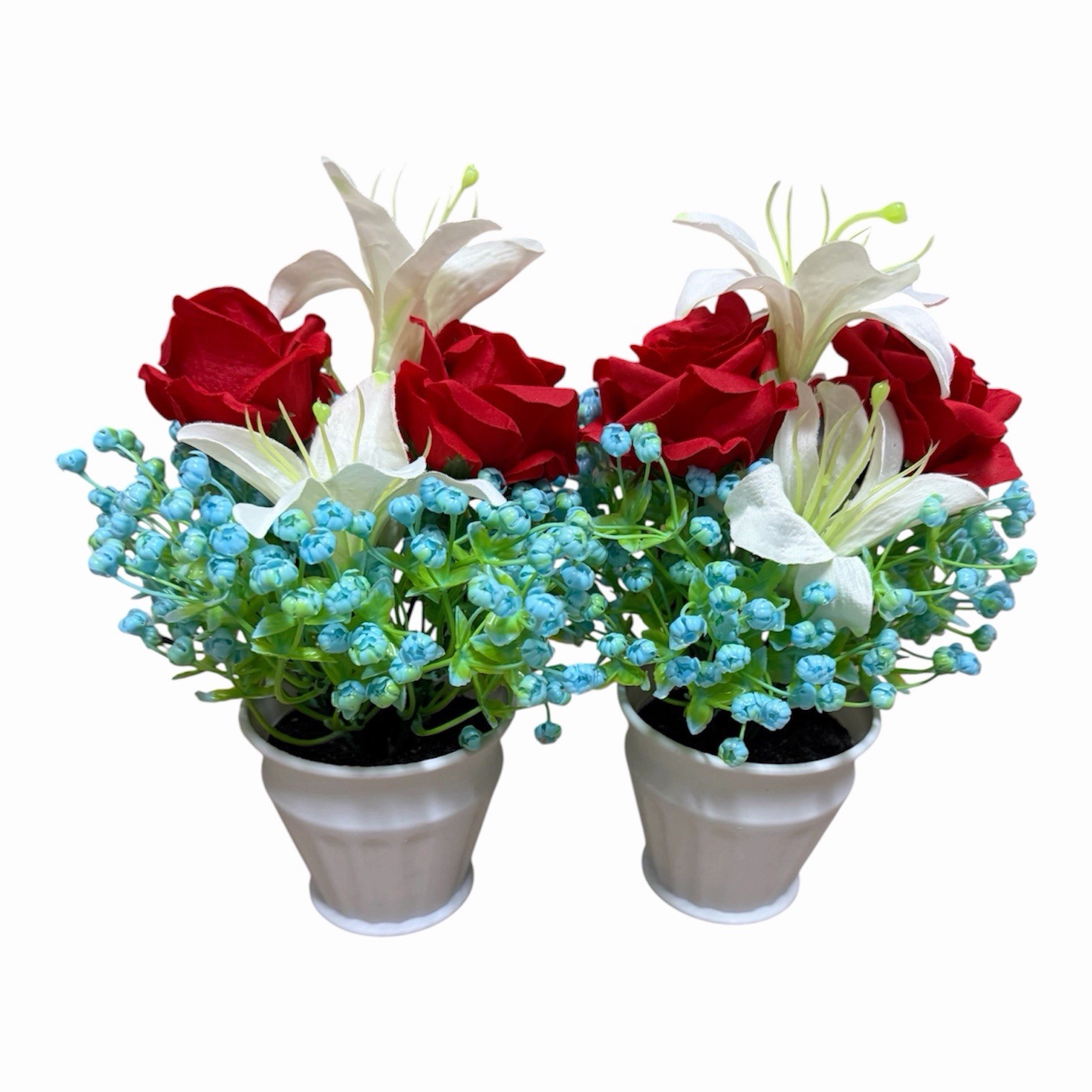 Set of 4 Artificial Flower Arrangements in Pots Roses Lilies Home Decor