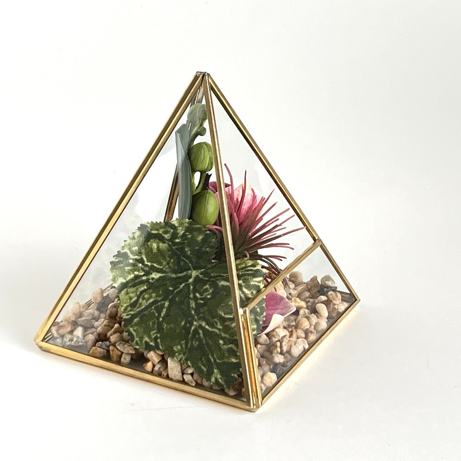 Geometric Pyramid Terrarium Tabletop Planter Artificial Succulents 6” Brass