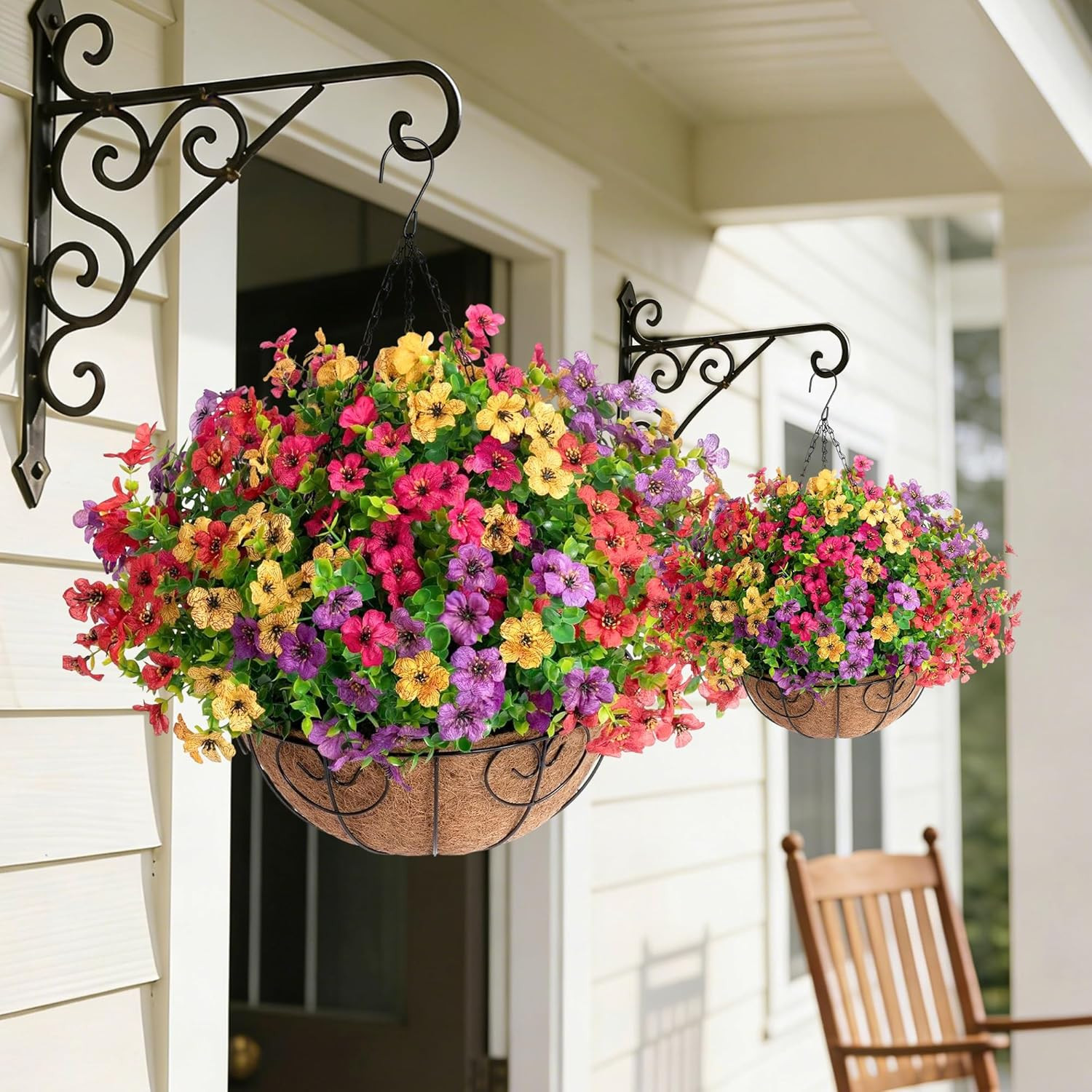 2 Set UV Resistant Faux Daisy Hanging Baskets for Outdoor Spring Decor