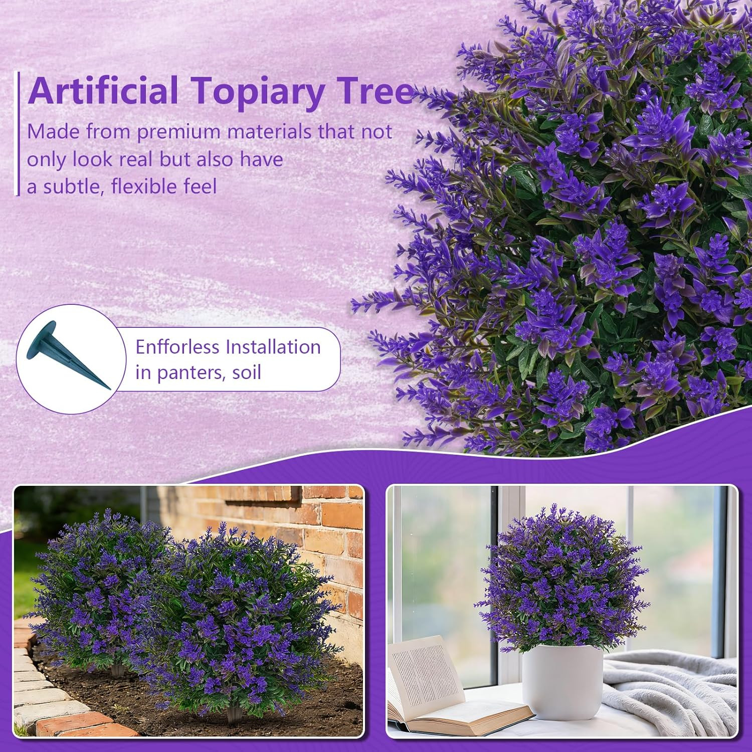 Artificial Lavender Topiary Ball for Outdoors, Set of 2 Boxwood Plant Tree With
