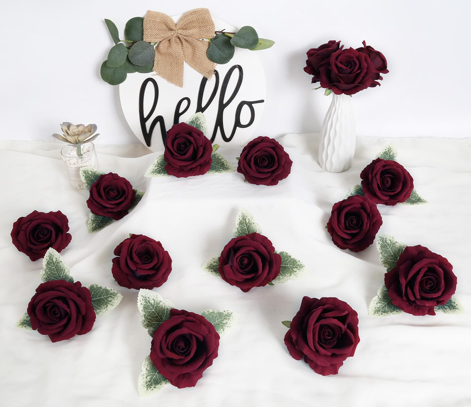 16pcs Burgundy Rose Artificial Flowers 3.93″ Large Fake Velvet Rose Bulk Real…