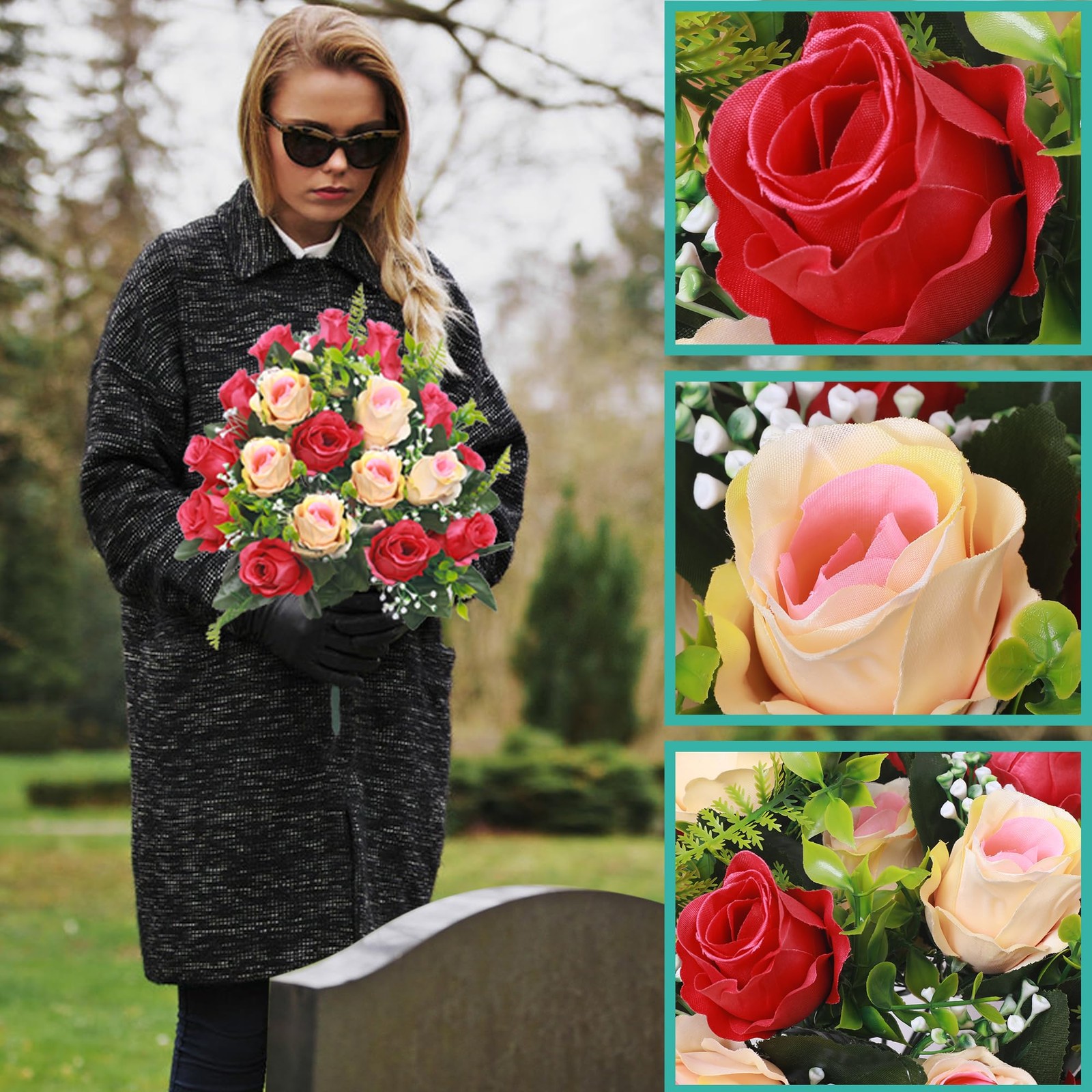 Lodou Artificial Cemetery Flowers,Set of 2 Grave Decorations Roses, Tombstone Me