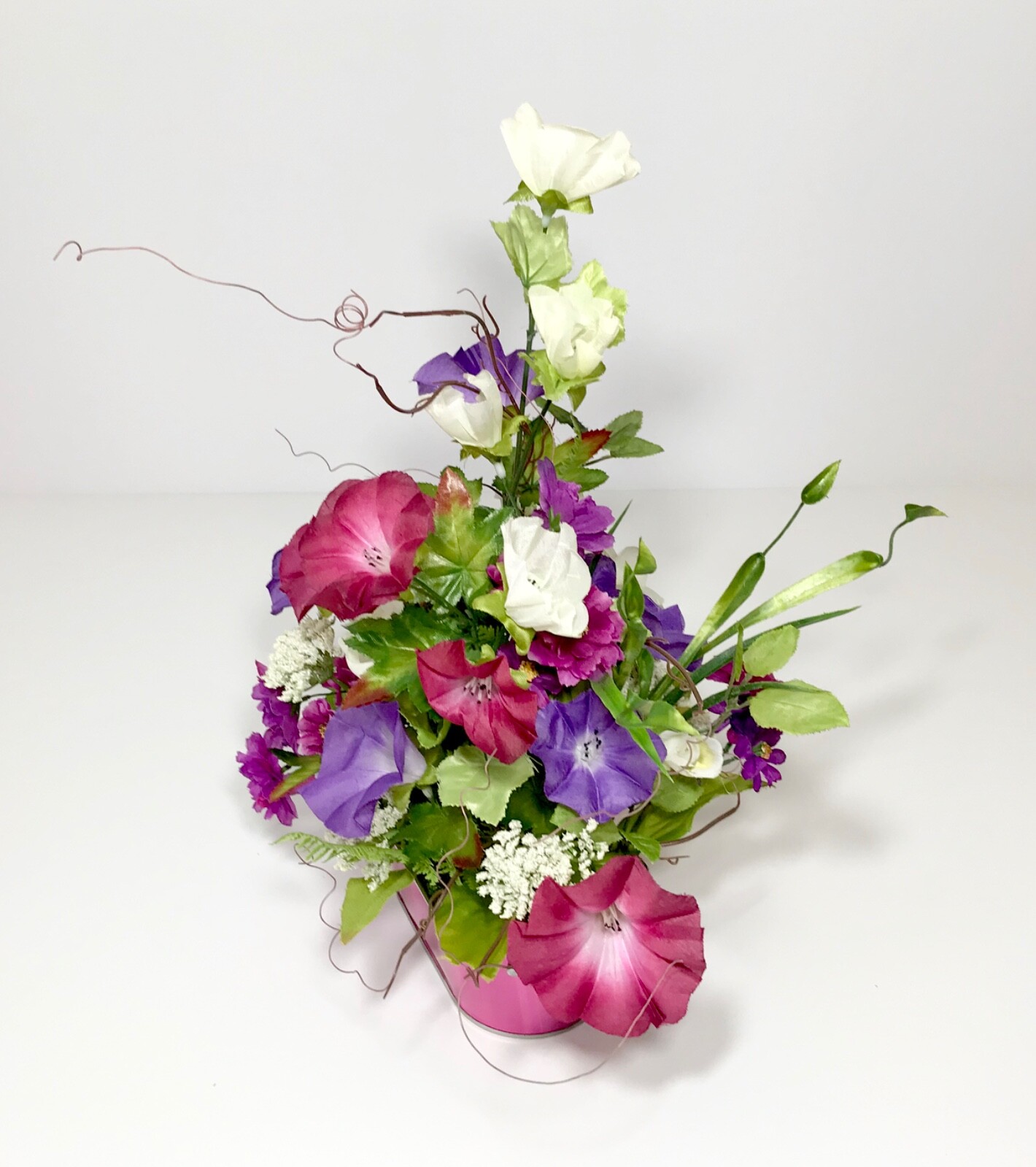 SMALL VARIETY FLORAL ARRANGEMENT NEON PINK METAL TUB SUMMER FLOWERS CENTERPIECE