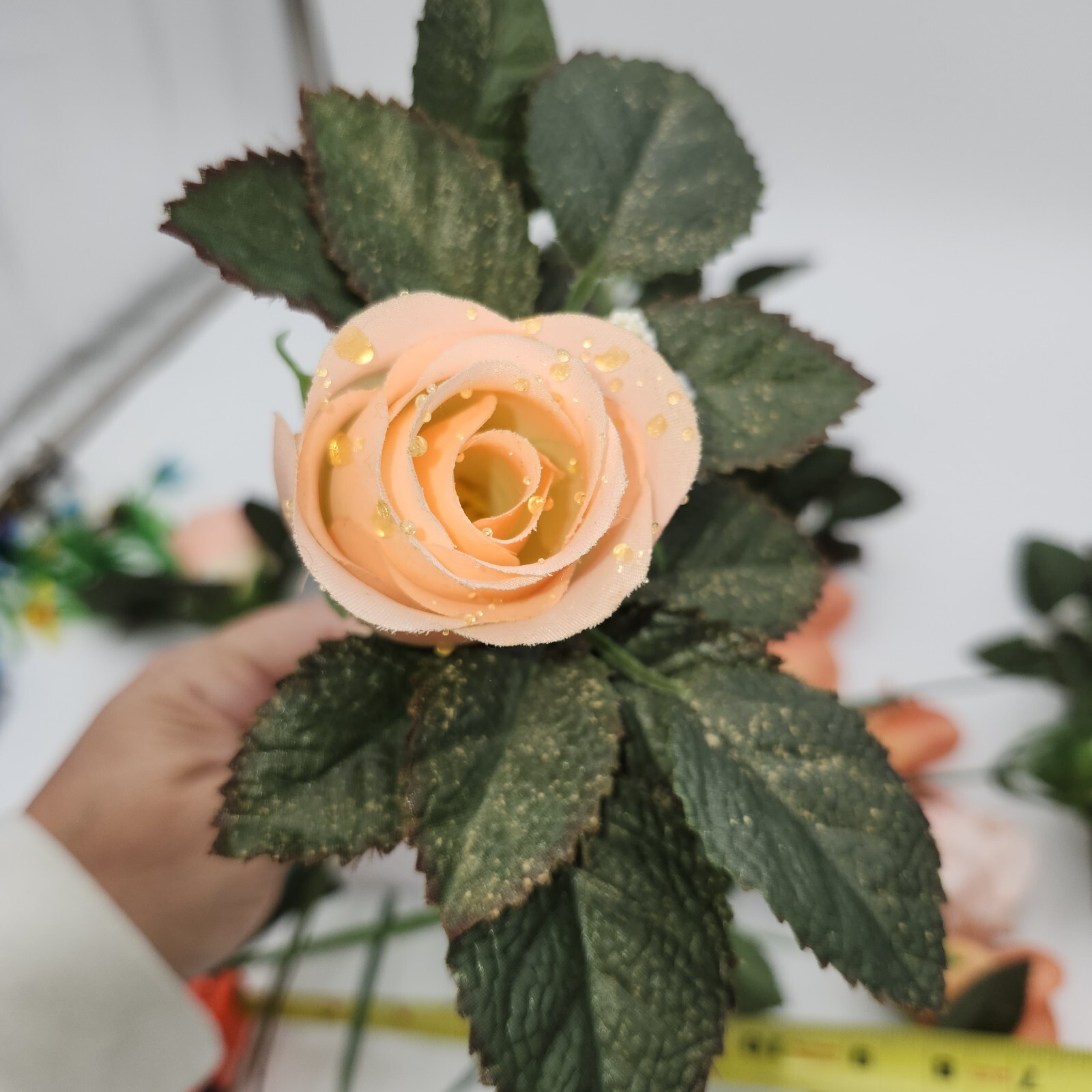 vintage faux fake artificial flowers peach roses w/raindrops 16″