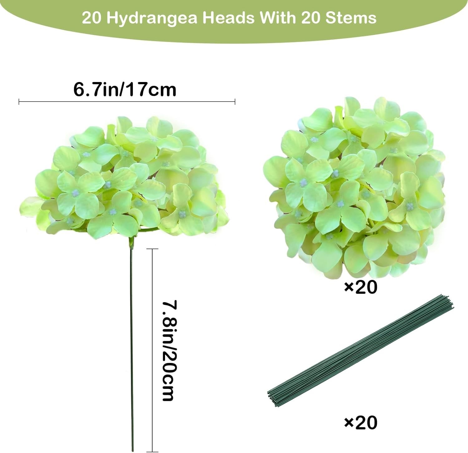 20 Pcs Green Artificial Hydrangea Flowers Bulk Silk Fake Bloom Wedding Decor