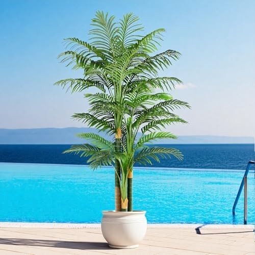 7ft Tall Triple Golden Cane Palm Tree – UV Resistant Fake Plant for Indoor/Outdo
