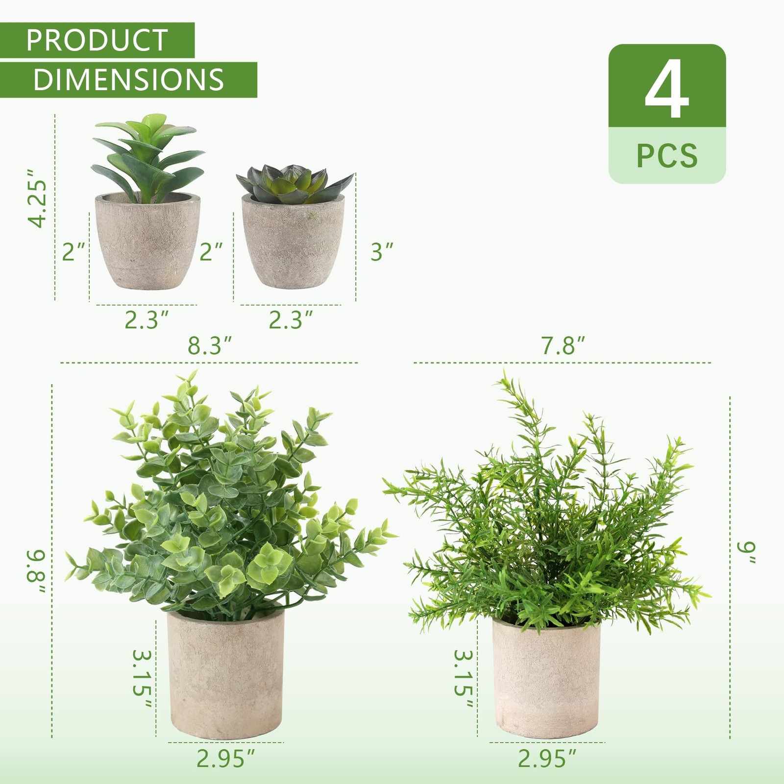 Fake Plants Indoor, 4 Small Faux Eucalyptus In Pulp Pot, Green