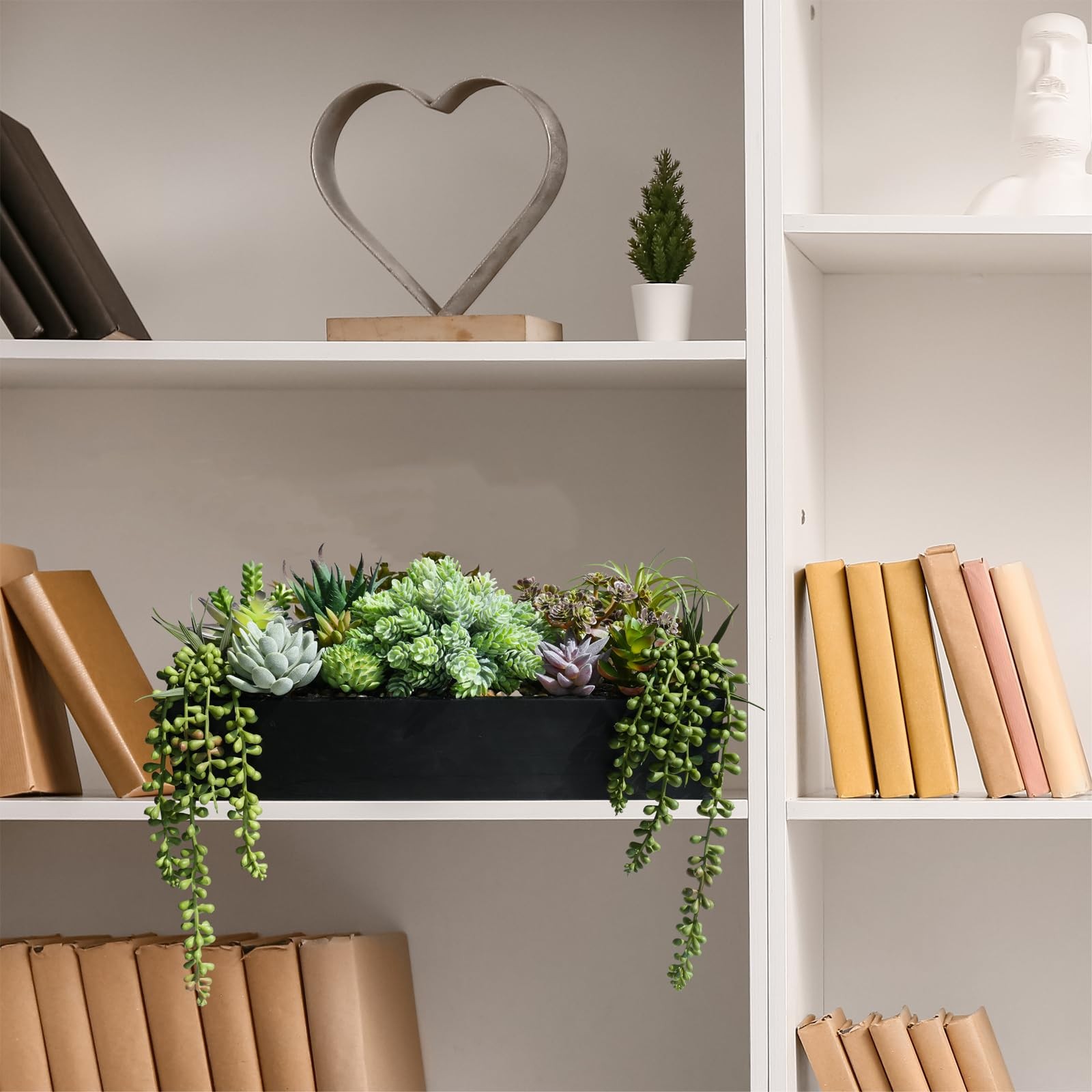 Artificial Succulent Arrangement 15 Inch Faux Rustic Black Wooden Planter