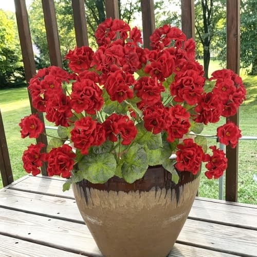 2 Pcs Artificial Geraniums for Outdoors 23” Faux Flowers Red Silk Geraniums UV