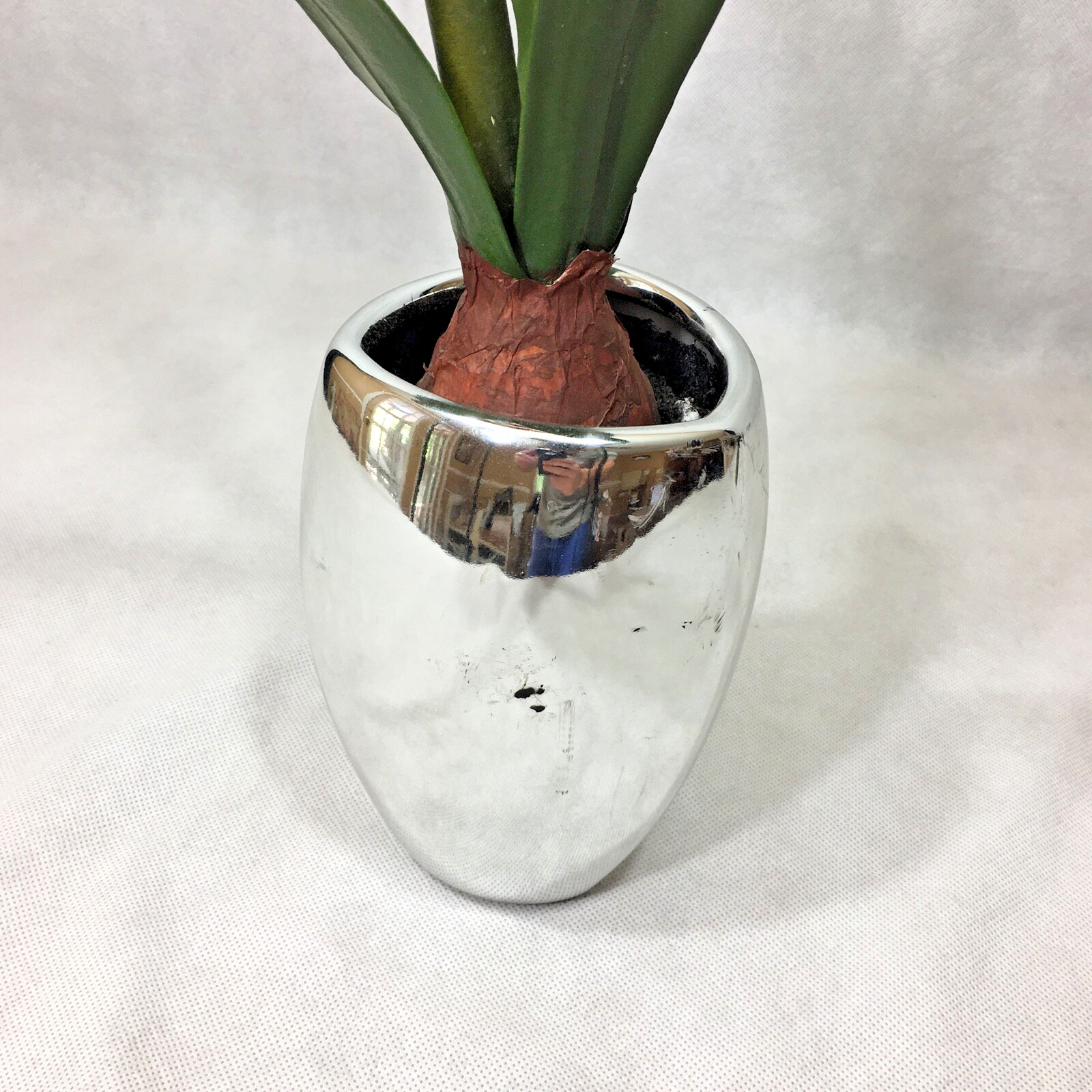 Metallic Chrome Ceramic 7″ Planter Vase w/ Faux Flower Display Floral