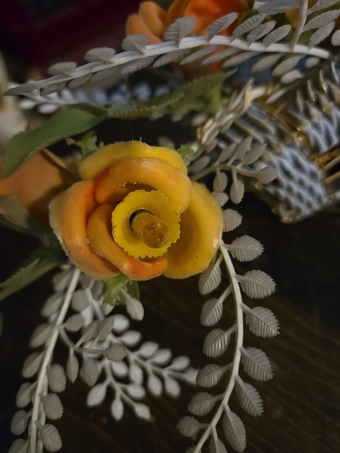 White Vinyl Wrapped Bird Cage Electrified Flower Arrangement Vintage White Roses