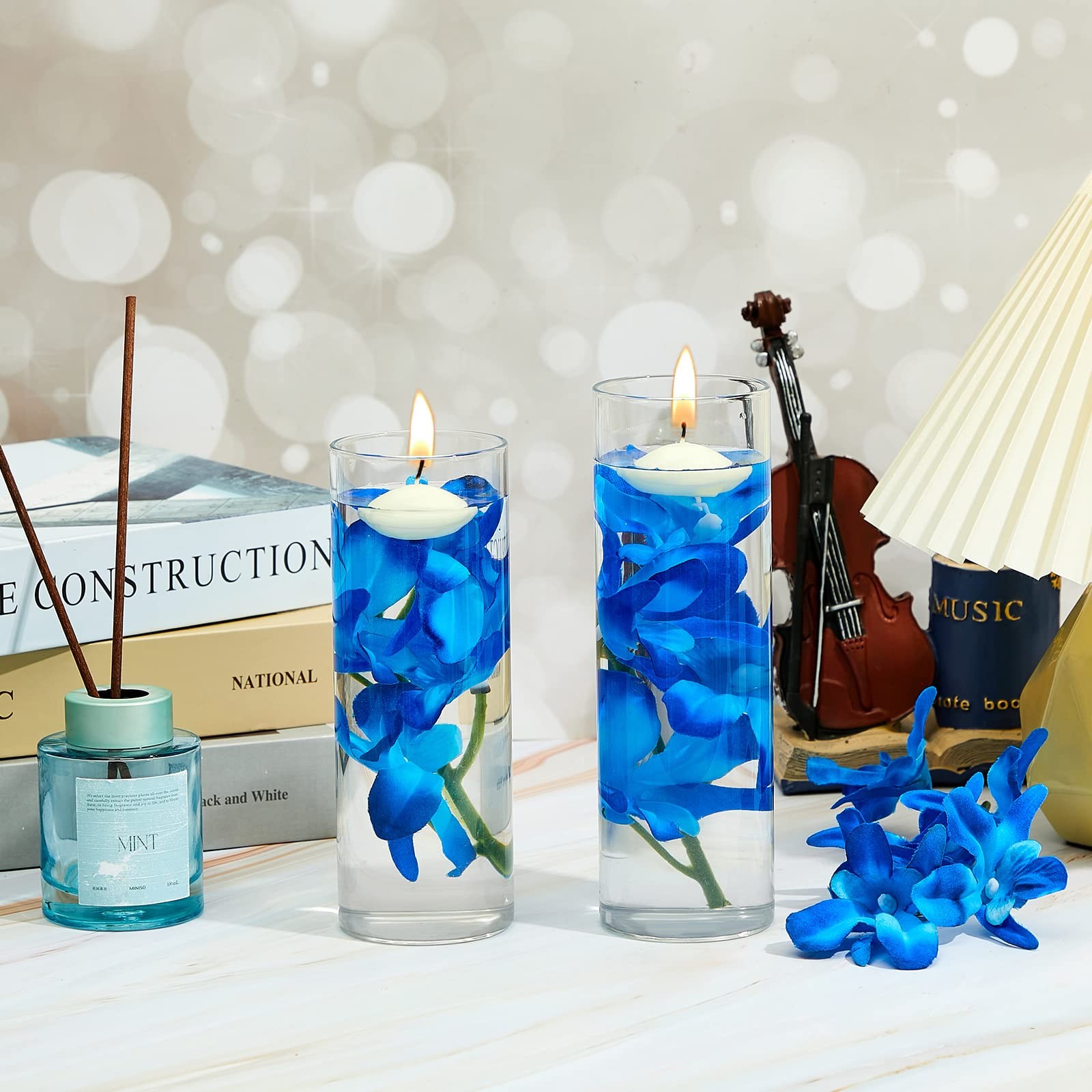 16 Pieces Orchid Faux Flowers Floating Candles Centerpiece Wedding Table Cent…