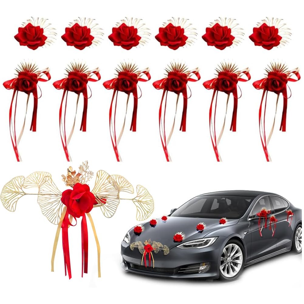 13 PCS Wedding Car Decorations Set Suction Cups Artificial Rose Flower Kit