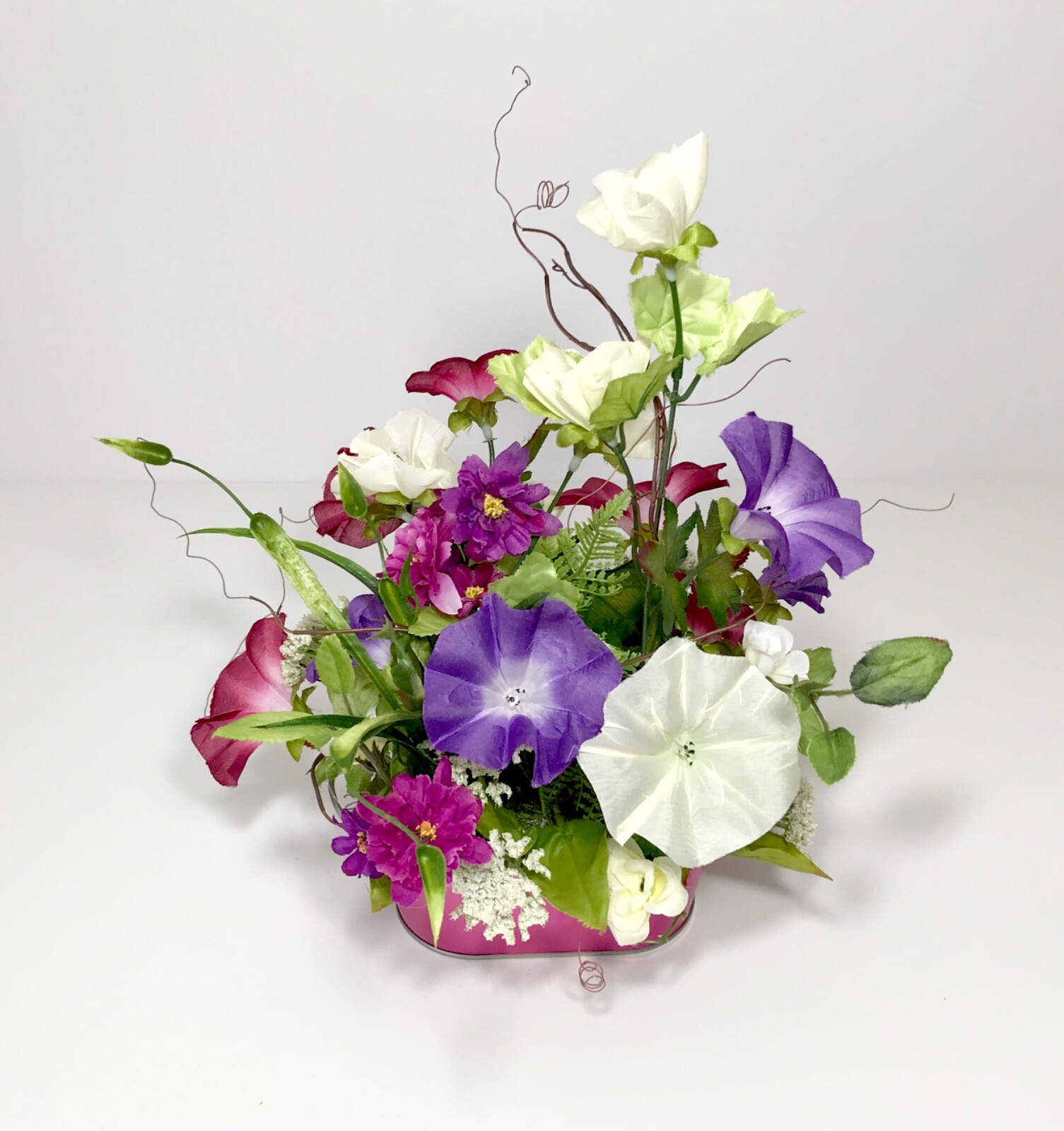 SMALL VARIETY FLORAL ARRANGEMENT NEON PINK METAL TUB SUMMER FLOWERS CENTERPIECE