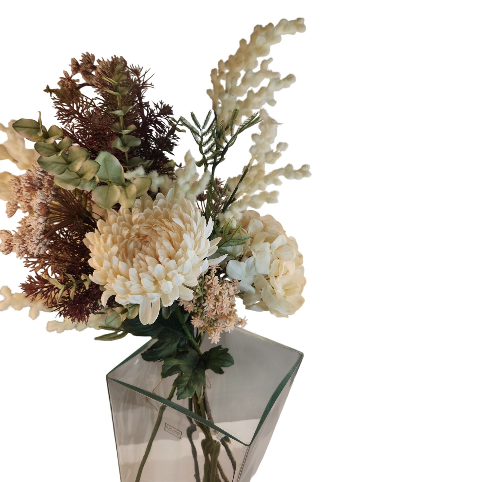 Artificial Floral Arrangement Beige Hydrangea & Cream Mum Bouquet Hand Tied