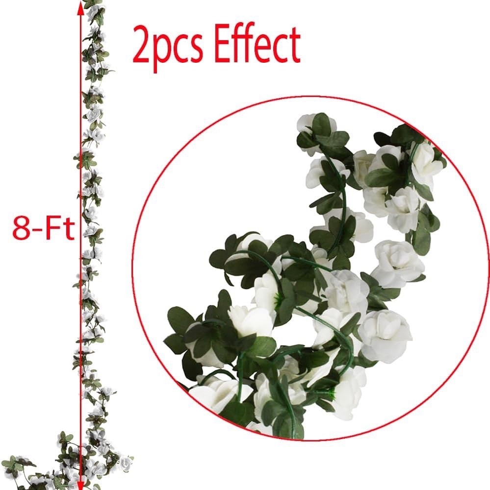 2 Pack 16 feet Artificial White Rose Vine Garland Wedding Decor Floral Hanging.