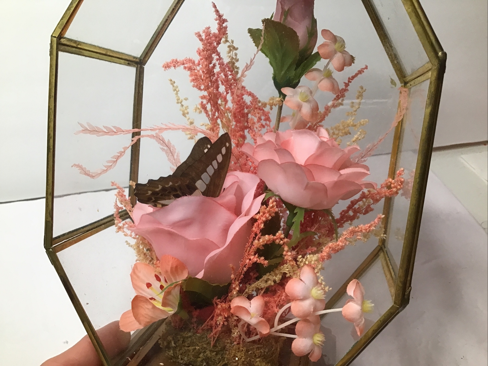 Display Case w Tea Lite Holder Pink Silk Flowers Wood and Brass Vintage