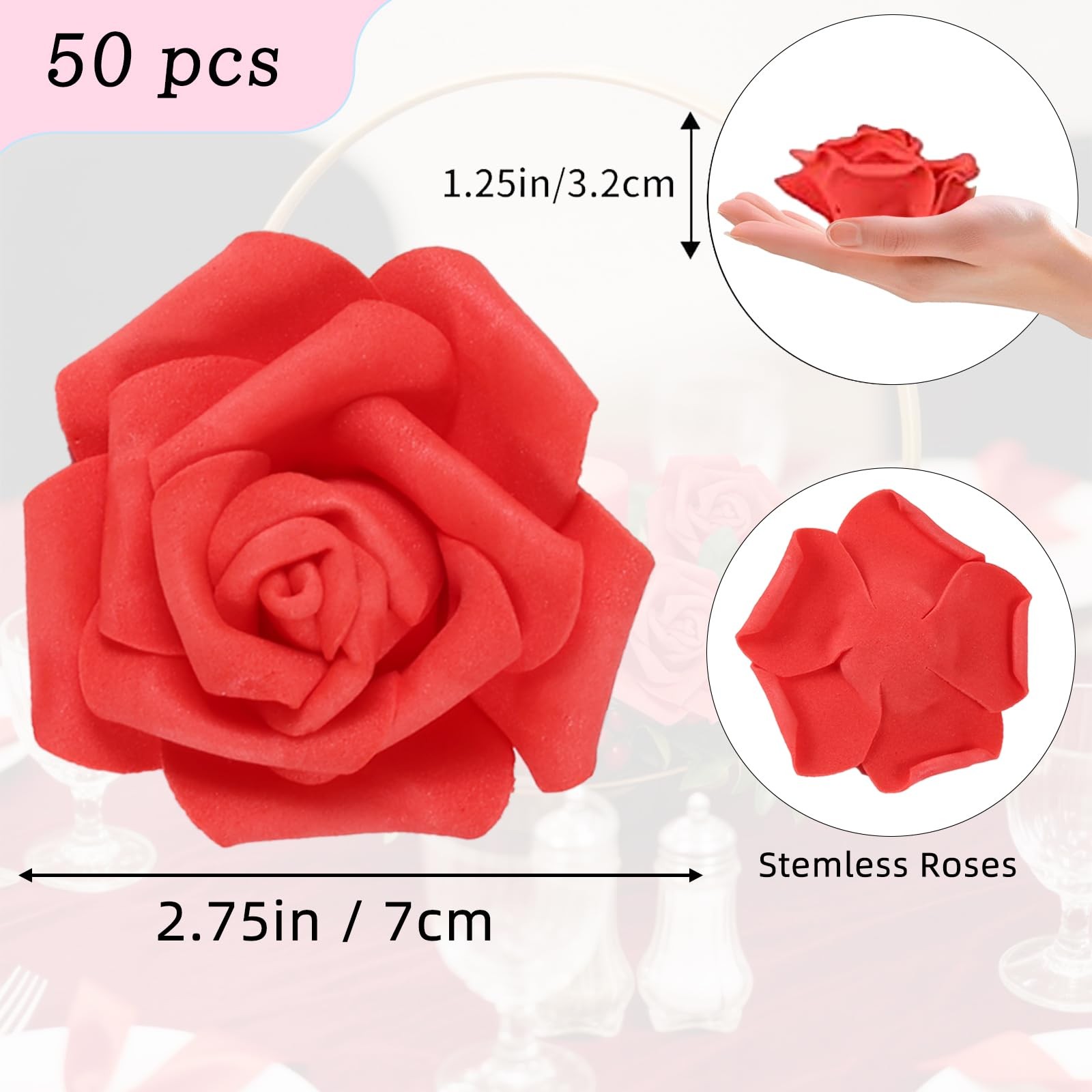 50 PCS Deep Red Foam Rose Stemless Artificial Flower Head Bulk 2.75in Mini Fa…