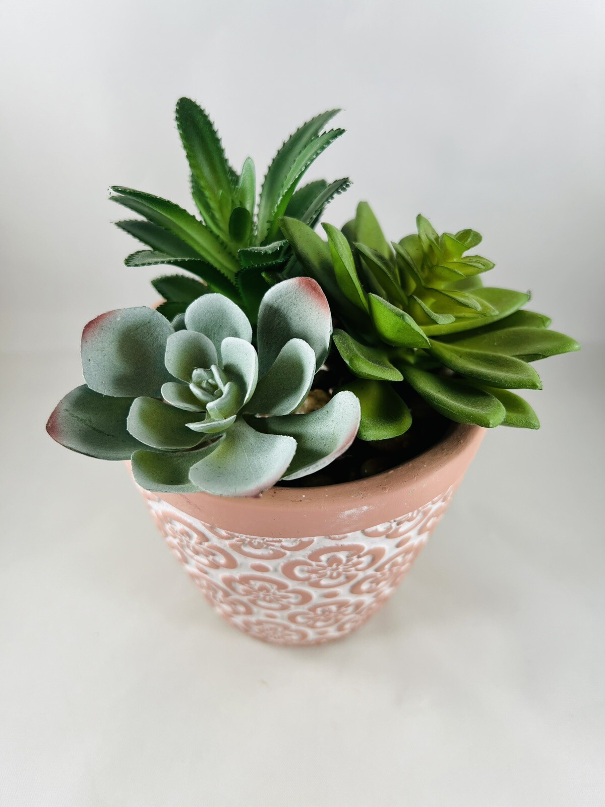 Artificial Succulents in Clay Embossed Pot, 6.5″ tall