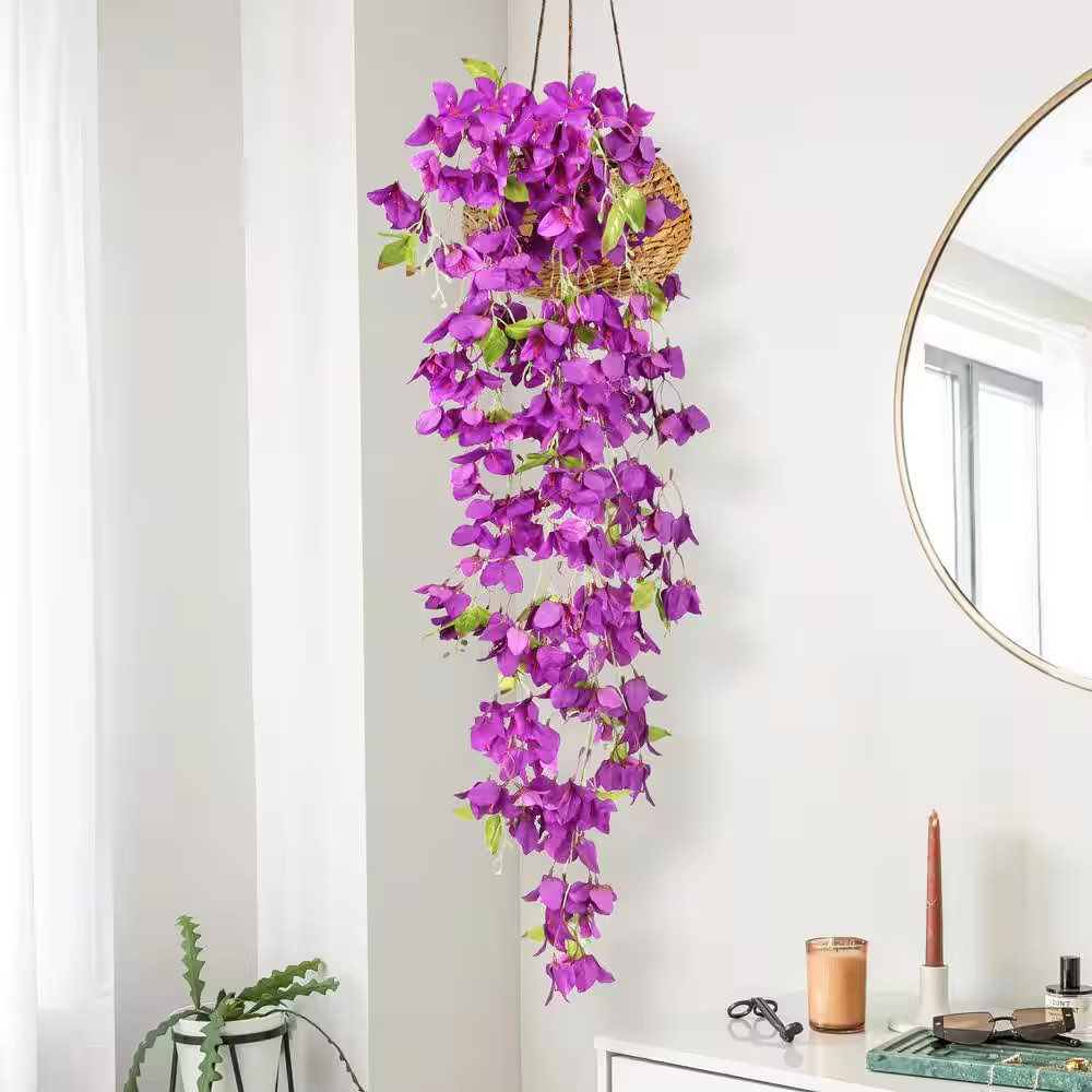 50 In. Purple Artificial Bougainvillea Flower Stem Hanging Spray Bush