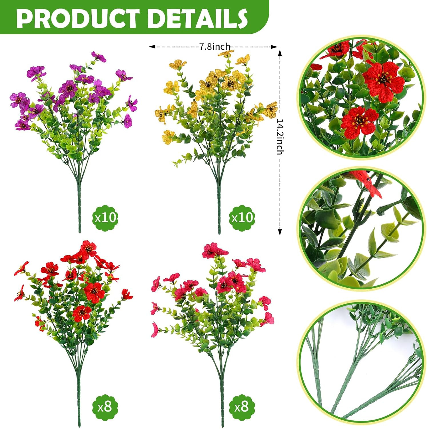 Rowfad 36 Bundles Artificial Flowers Outdoors UV Resistant Fake Plastic Spring M