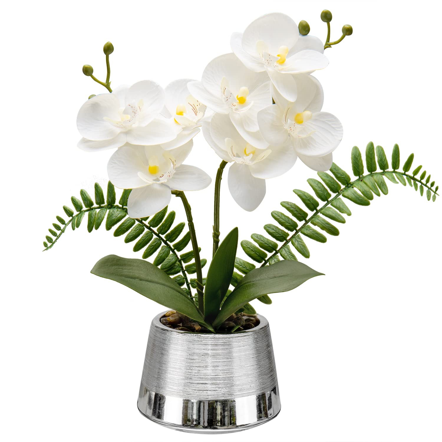 White Orchids Artificial Flowers Silver Pot Faux Phaleanopsis Fake Centerpiece