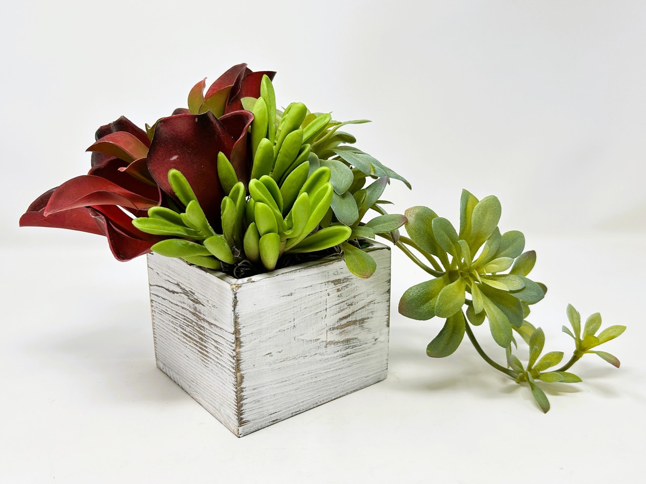 7″ Unique Artificial Red & Green mixed Succulent Garden #23, White-washed wooden