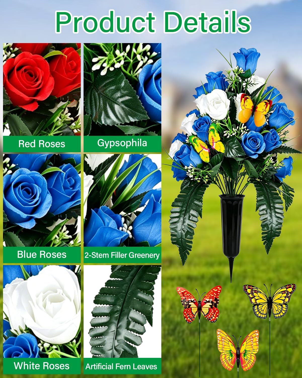 2PCS Artificial Cemetery Flowers for Grave with Vase, Blue, Red & White Rose Mem