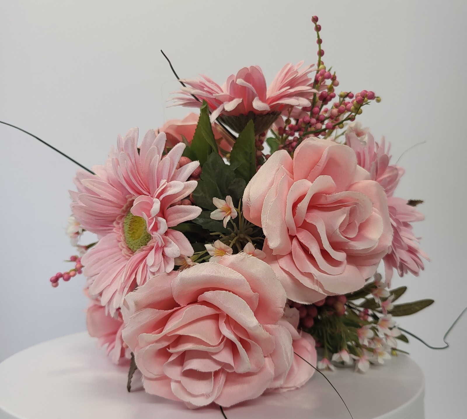 Artificial Pink Bouquet with Gerbera Daisies Roses Filler Berries Wrapped Stem