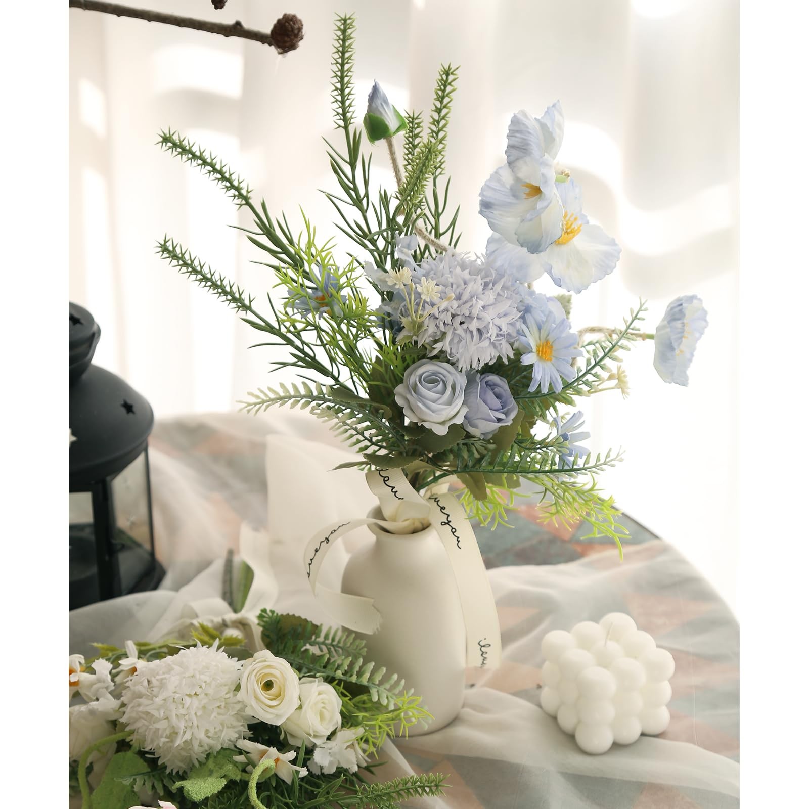 Blue Artificial Fake Flowers Bouquet 16 Inch Realistic Faux Silk Poppy Hydran…