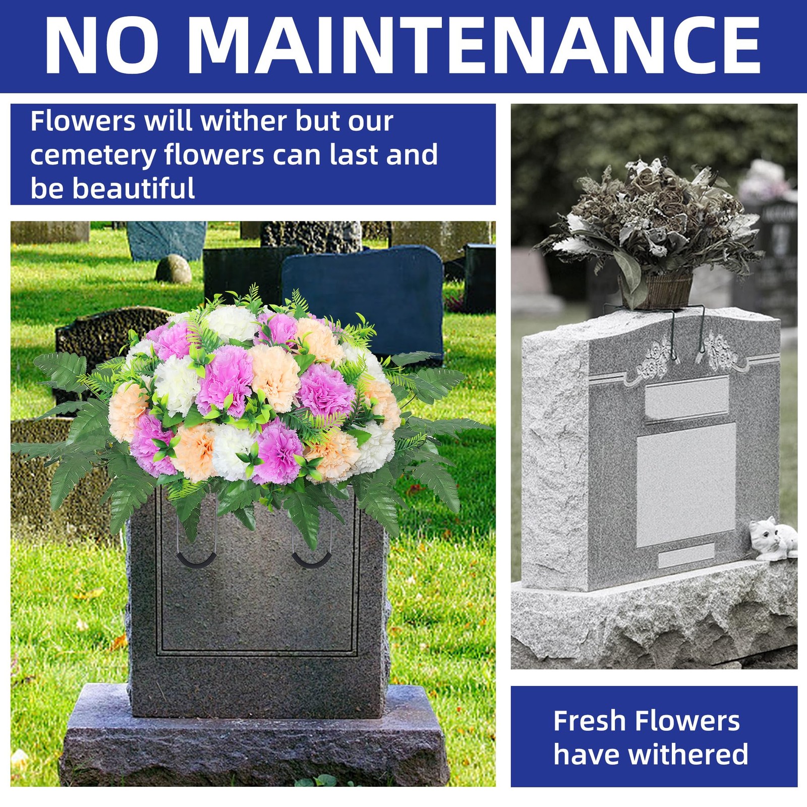LOSFOTBO Artificial Cemetery Silk Flowers Saddle,Carnation Cemetery Headstone…