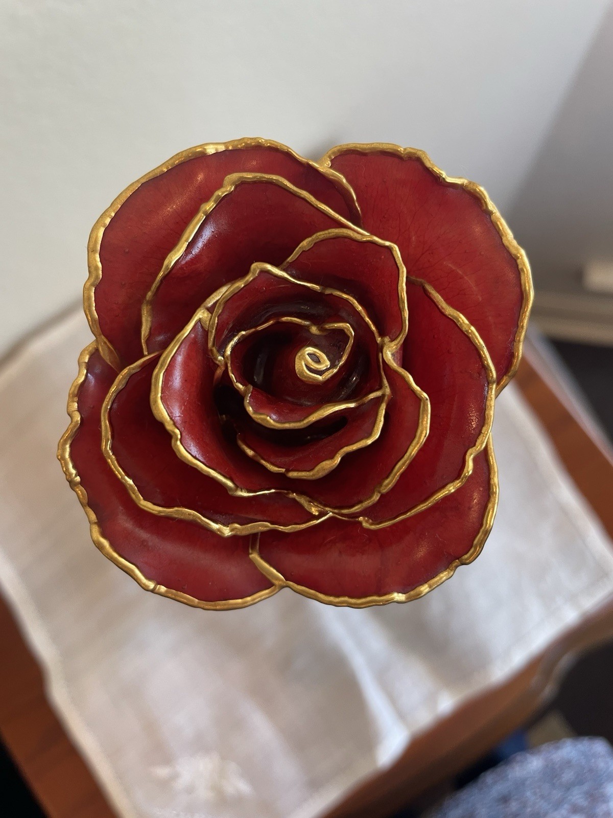 Burgundy Rose Preserved in Lacquer with 24k Gold Plating on Petals and Stem