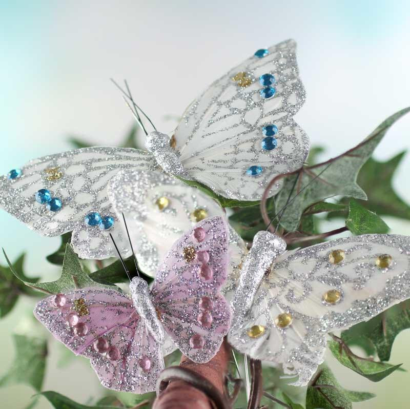 Pack of 12 Assorted Glitter and Rhinestone Artificial Butterflies