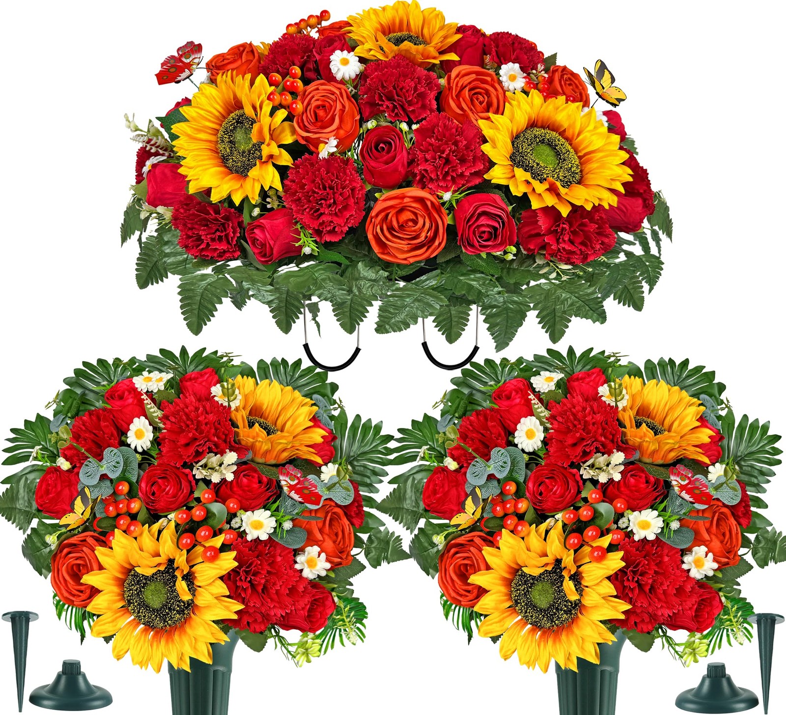 Cemetery Flowers with Grave Vase and Headstone Flower Saddle of Red Sunflower…