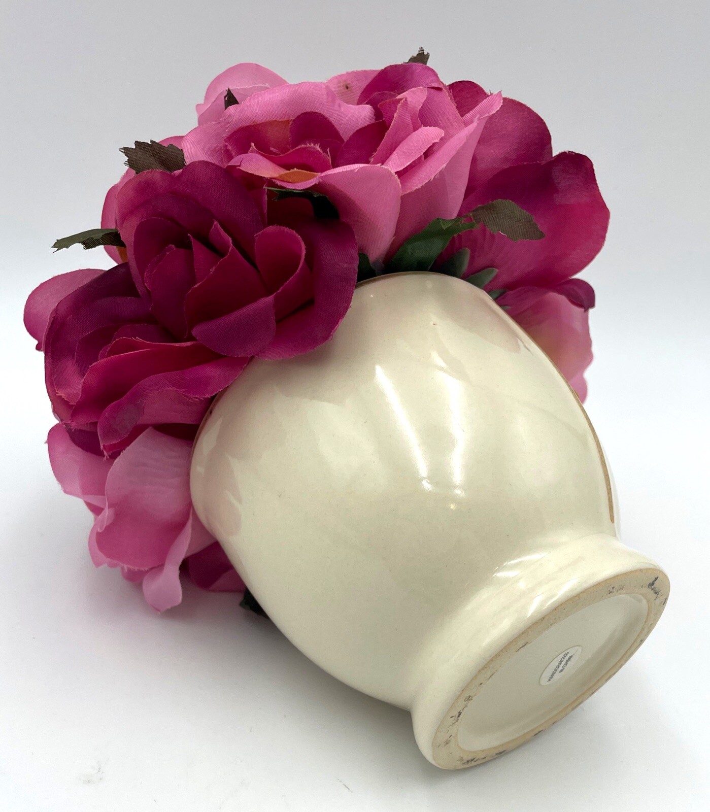 7″ Small Artificial PINK BOUQUET Faux Silk Open Roses w/Beige/Tan Ceramic Vase