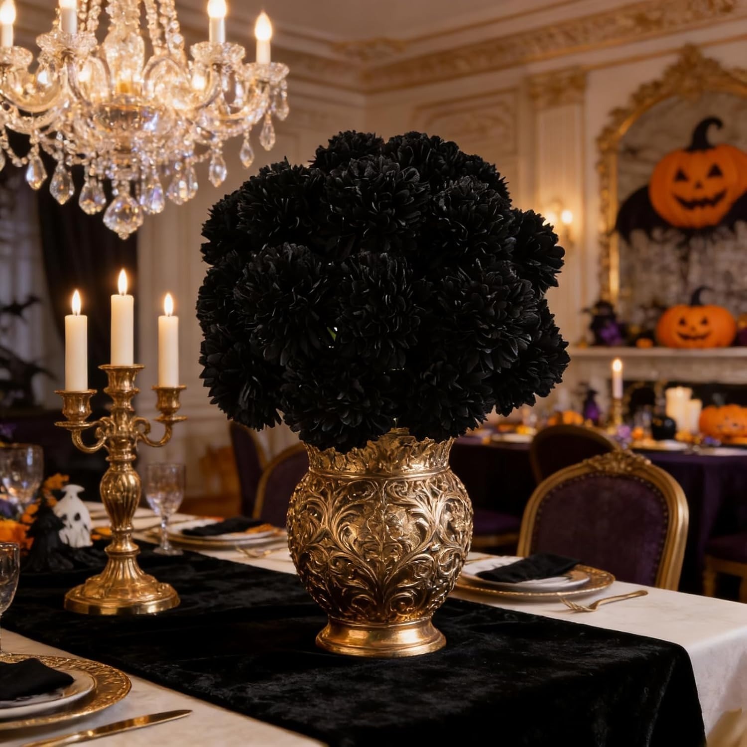 20pc Artificial Chrysanthemums Flower Silk Faux Mums Bouquet w/ Stem Decor Black