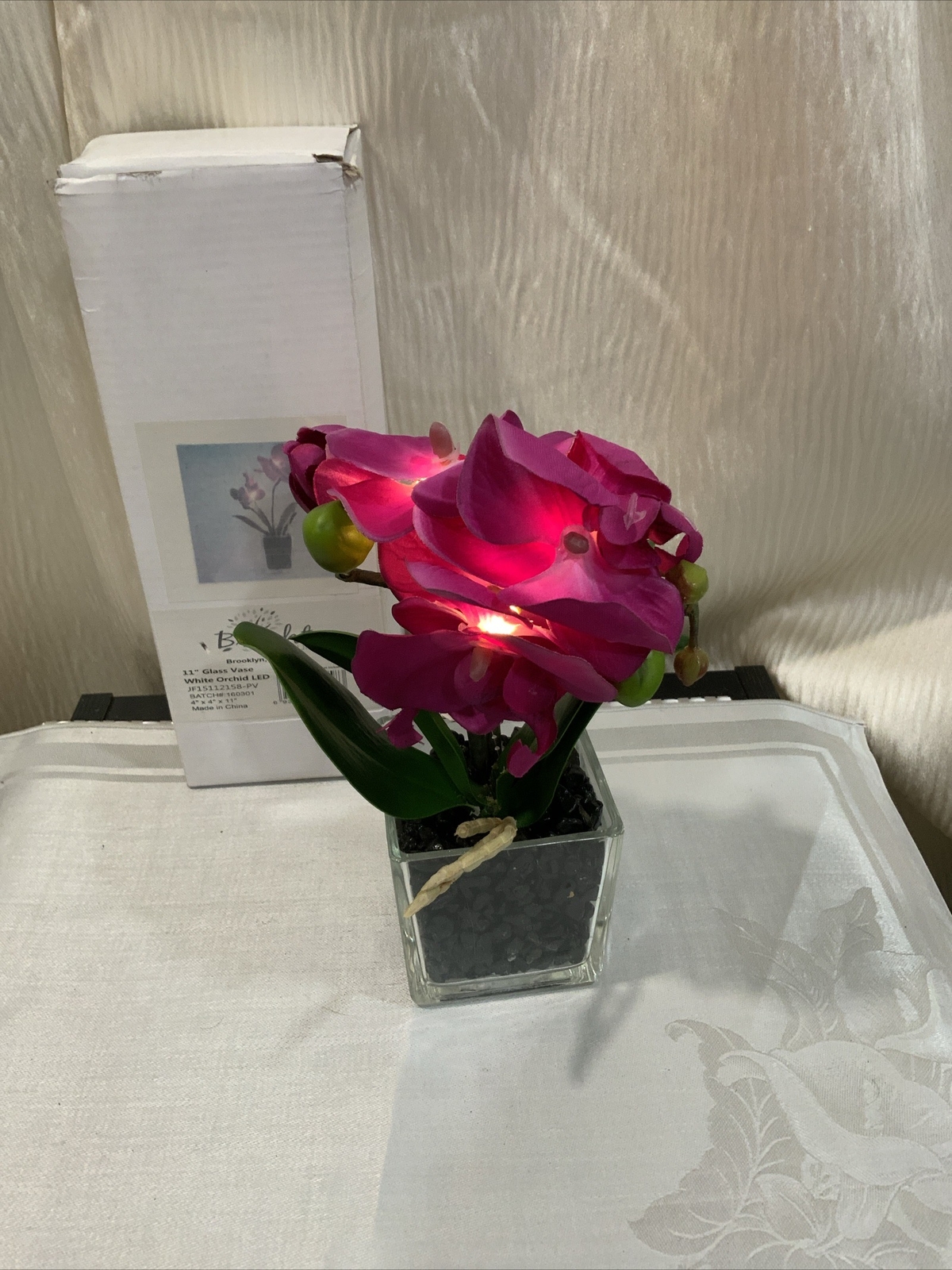 1 Pcs Glass Vase Artificial Orchid Flower Bonsai Glass-purple with led light