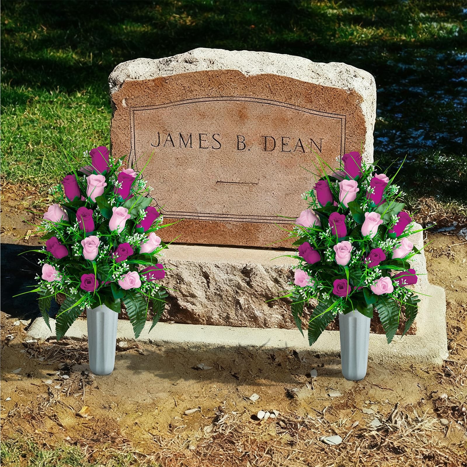Artificial Cemetery Flowers – Set of 2 Grave Memorial Rose Flowers with Vase …