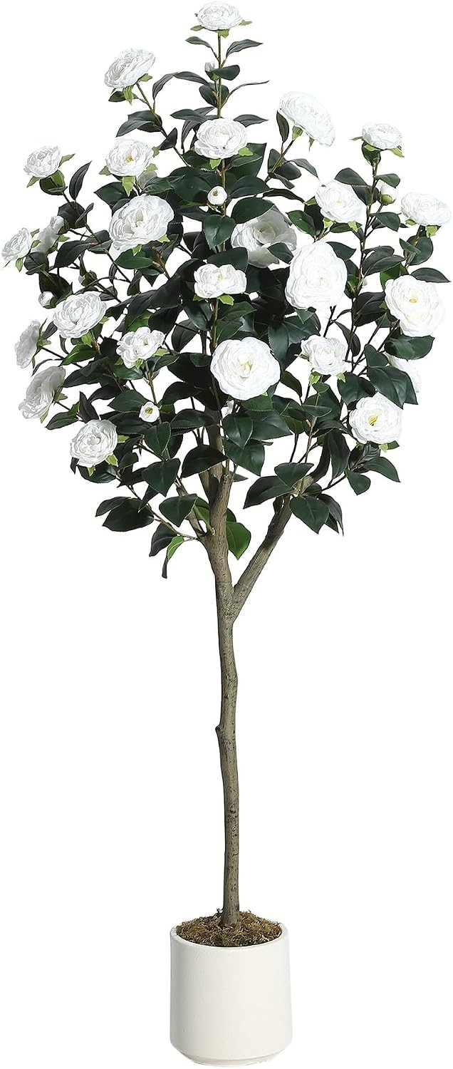 3/5FT Artificial Camellia Tree Lifelike Silk White Flowers Potted Faux Plant