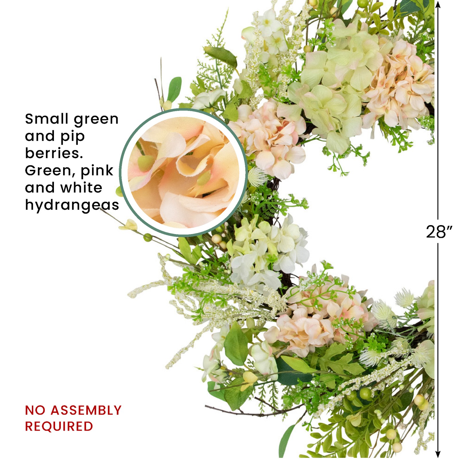 Northlight Hydrangea and Fern Spring Floral Berry Wreath, Green and Pink 28-Inch