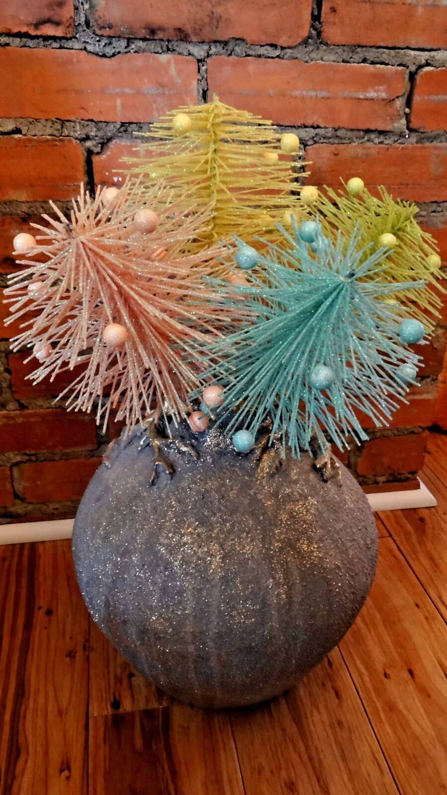 Set of 5 Pastel Bristle Brush Floral Picks 19” Iridescent Glitter Spring Decor