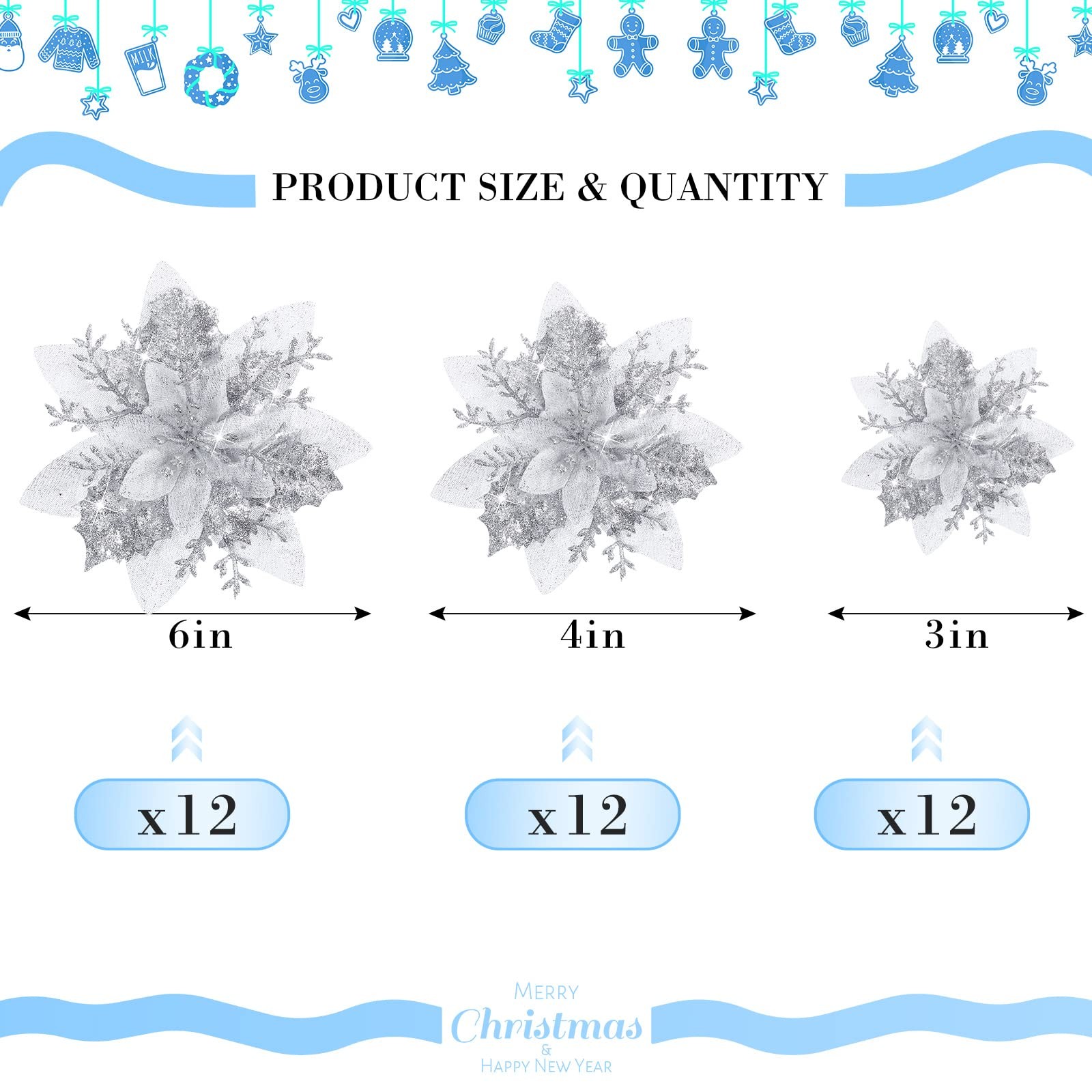 Silver Christmas Glitter Artificial Poinsettia Flowers Ornaments Clips 36 PCS