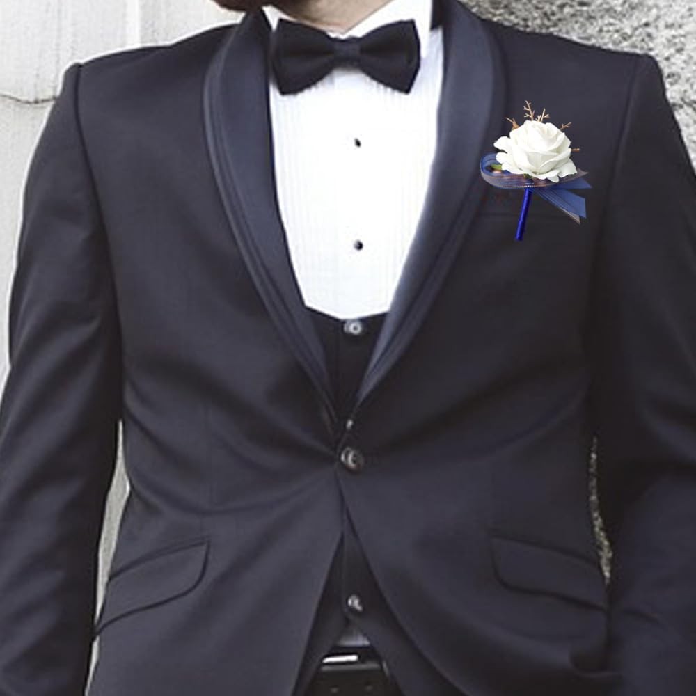 Ivory And Blue Rose Boutonniere For Men Groom Groomsmen Wedding 1 PC