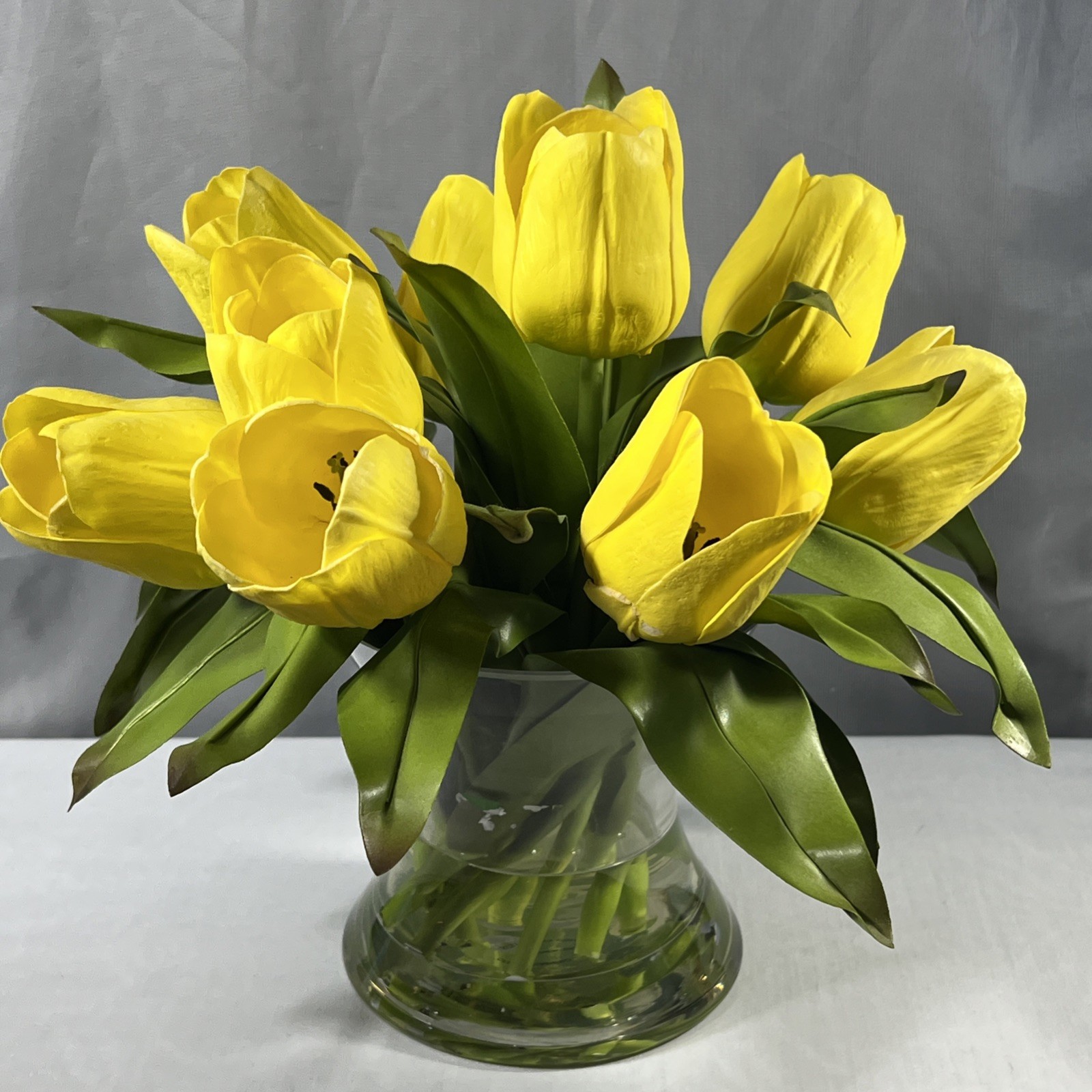 9 Yellow Silk Tulips Centerpiece Feel Real Flowers in Glass Vase w/ Faux Water