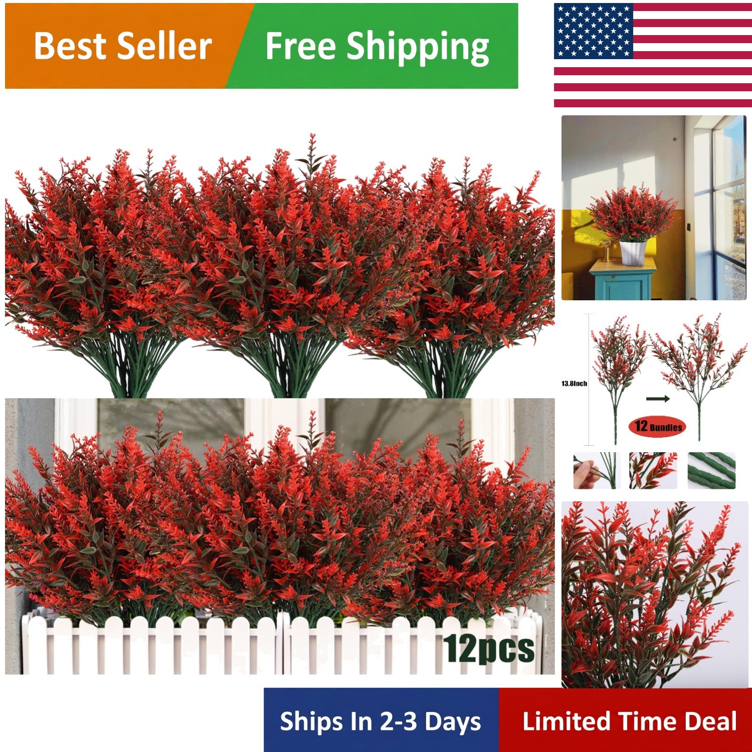 Vibrant Orange Artificial Lavender – 12 UV Resistant Bundles for Every Occasion